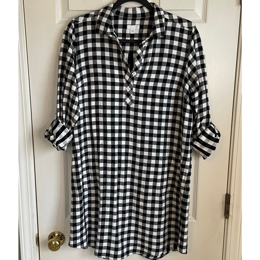 J. Jill Gingham Plaid Tunic Dress Pockets Sz M Black White Cottagecore Preppy - Picture 2 of 11